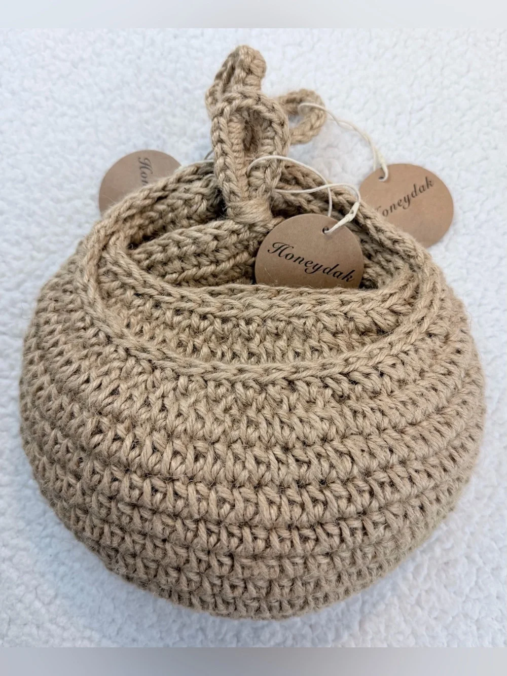 (NWT) HONEYDAK • (Set of 3) Tan Natural Woven/Crochet Hanging Storage Baskets